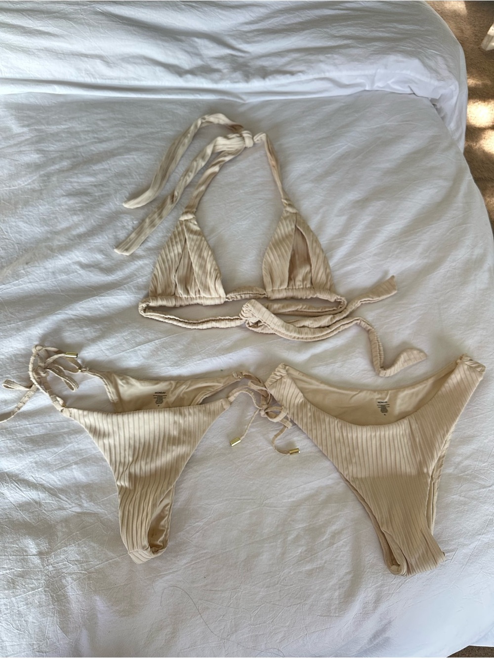 Monday Swimwear Cream Ribbed Tie Bikini Set